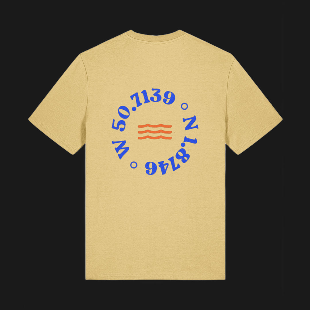 local apparel t-shirt with bmth pier coordinates printed on the back - t-shirt in yellow